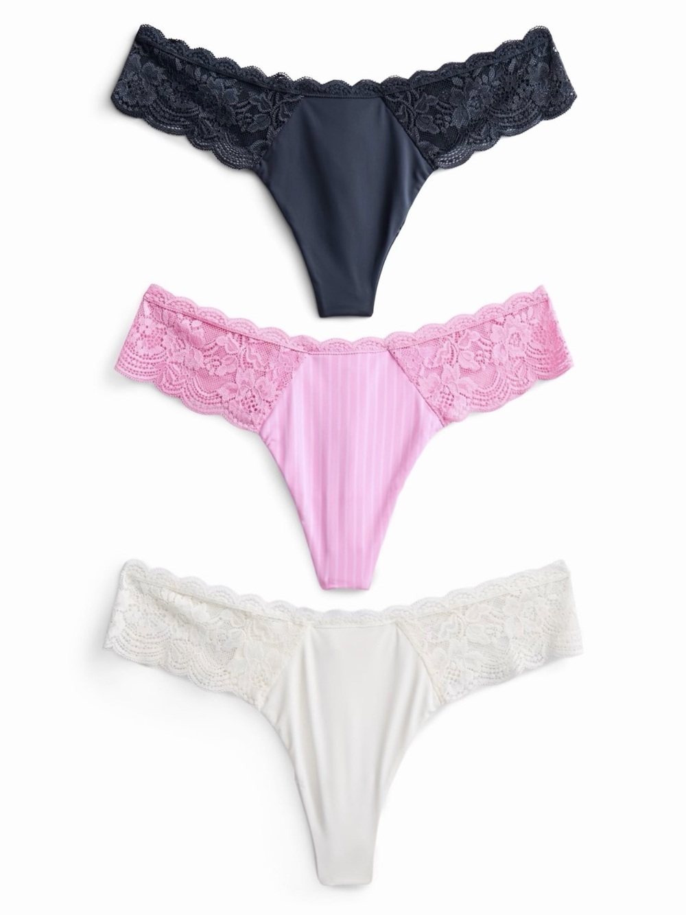 Microfiber and Lace Thong Panties, 3-Pack